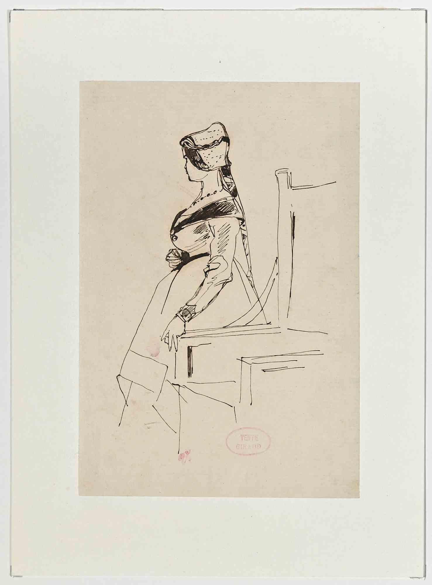 Eugène Giraud Figurative Art - Profile of Woman - Original Drawing on Paper by E. Giraud - Late 19th Century