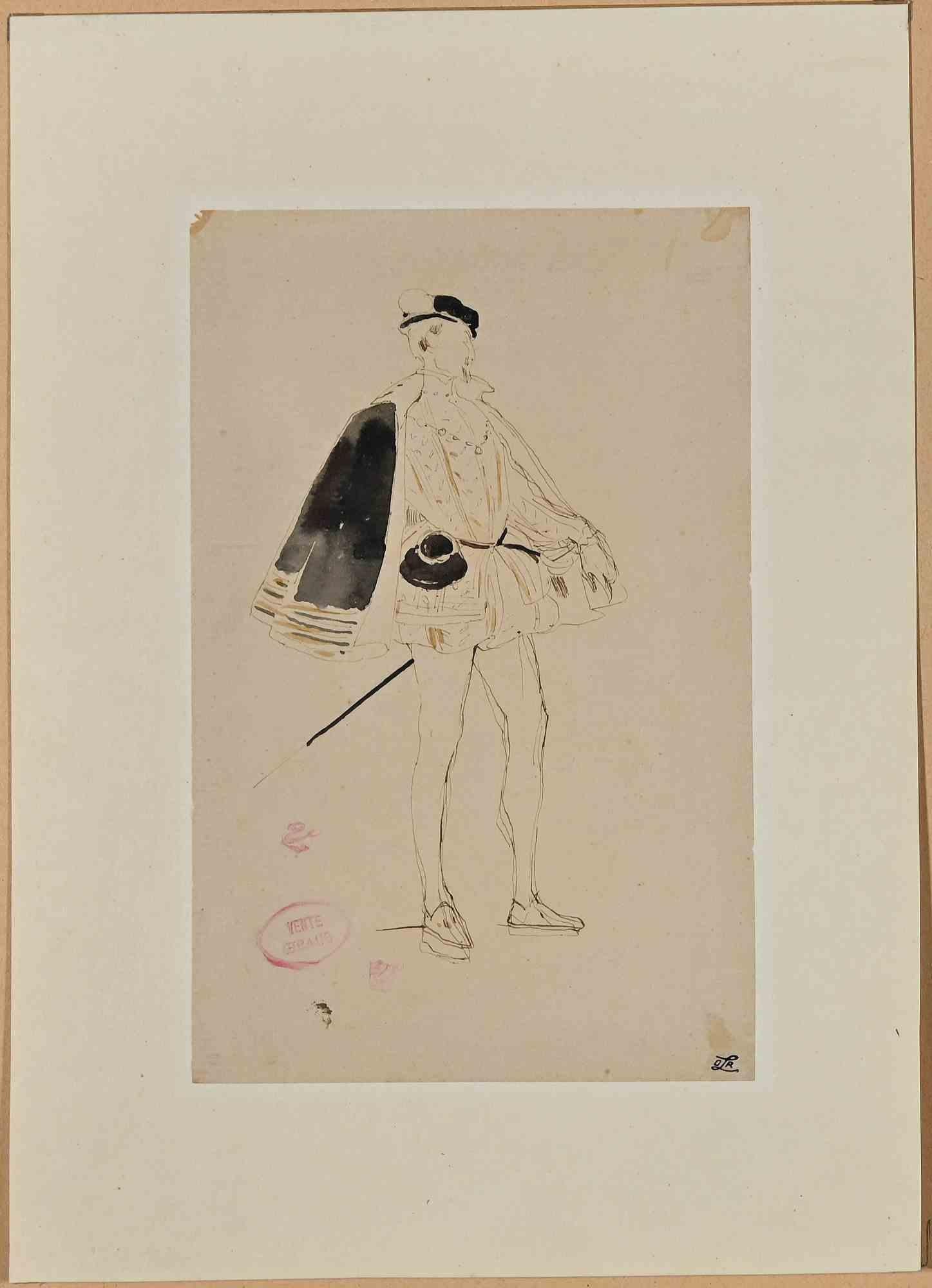 Eugène Giraud Figurative Art - Study for a Costume- Original Drawing on Paper by E. Giraud - Late 19th Century