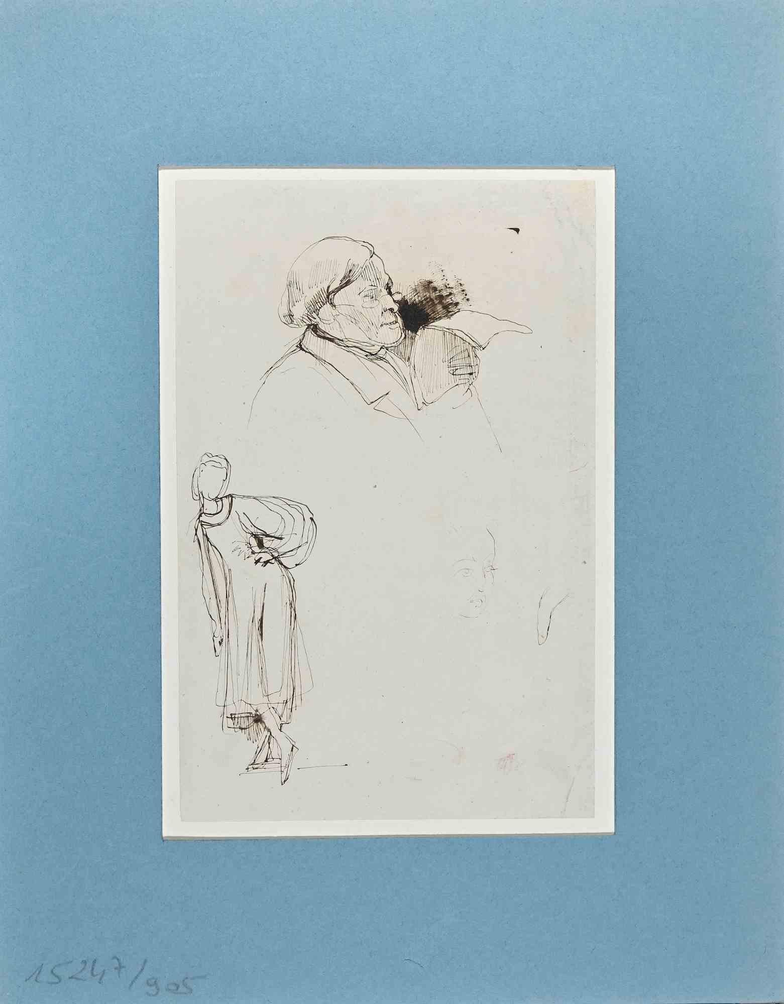 Portraits - Original Drawing on Paper by E. Giraud - Late 19th Century - Art by Eugène Giraud