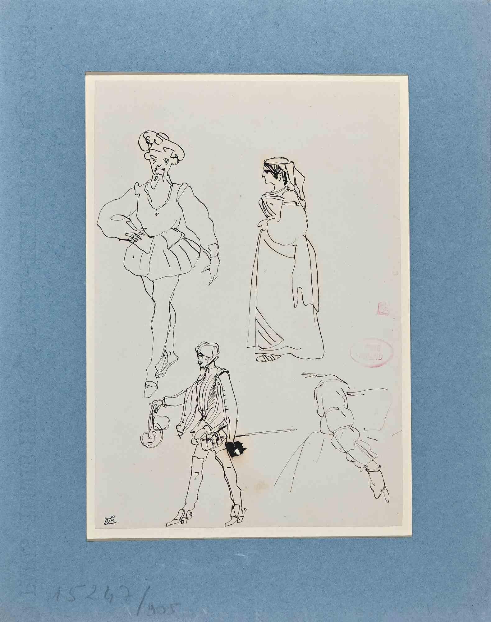 Portraits - Dessin sur papier par E. Giraud - Fin du 19ème siècle