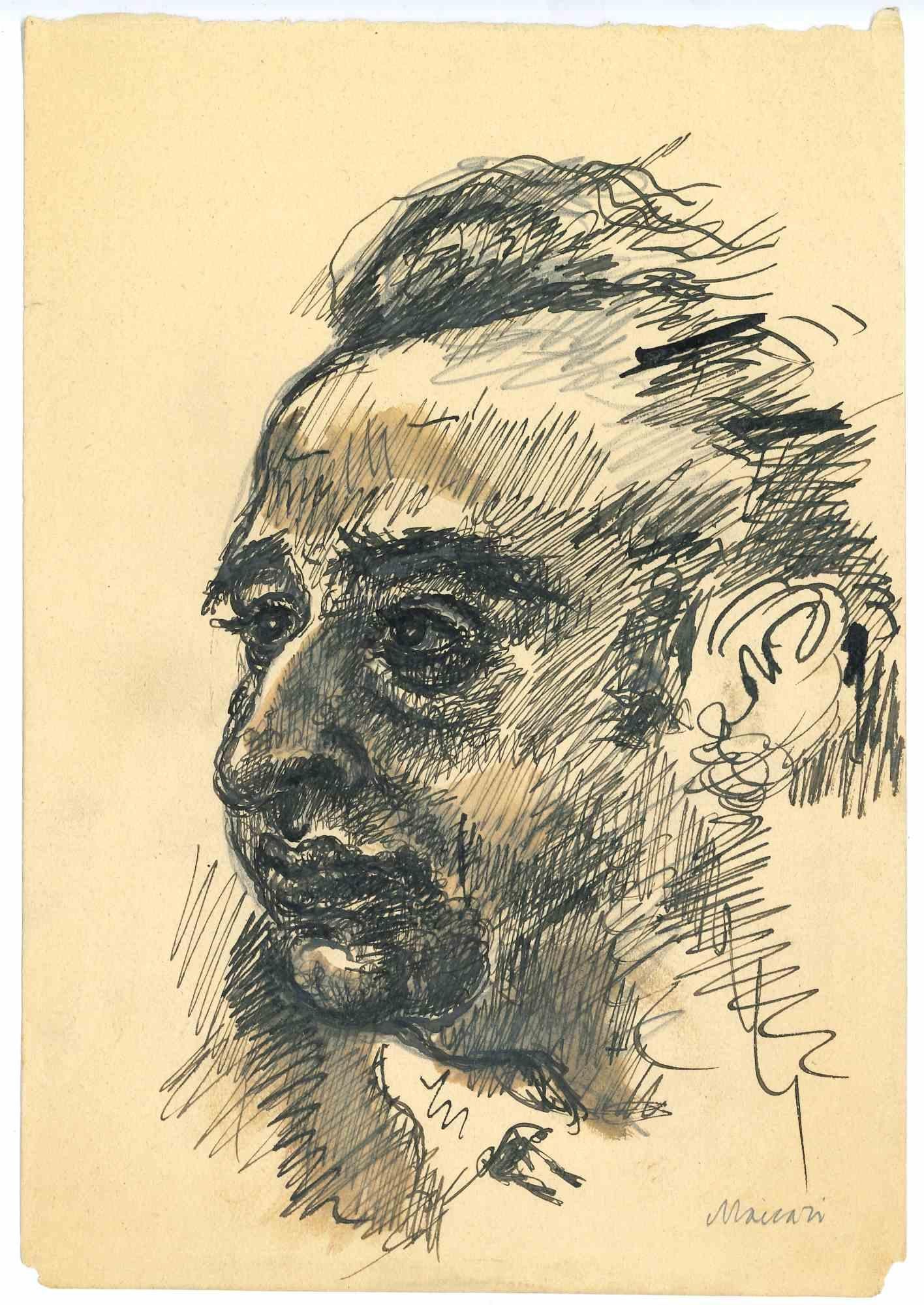 Porträt – Zeichnung von Mino Maccari – Mitte des 20. Jahrhunderts