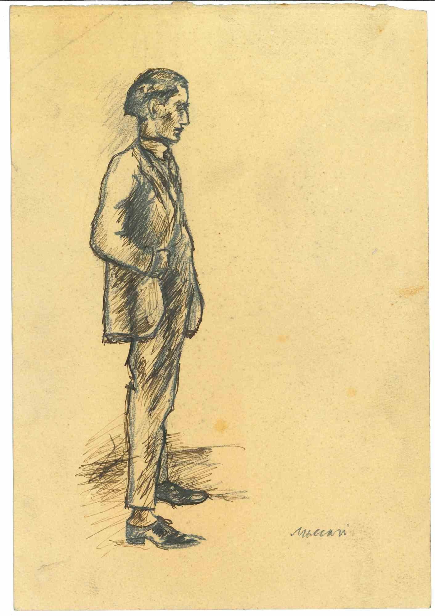 Der Stehende Mann ist eine Originalzeichnung in Bleistift auf cremefarbenem Papier von Mino Maccari aus der Mitte des 20. Jahrhunderts.

Am unteren Rand mit Bleistift handsigniert.

Guter Zustand mit einigen Stockflecken.

Mino Maccari (1898-1989)