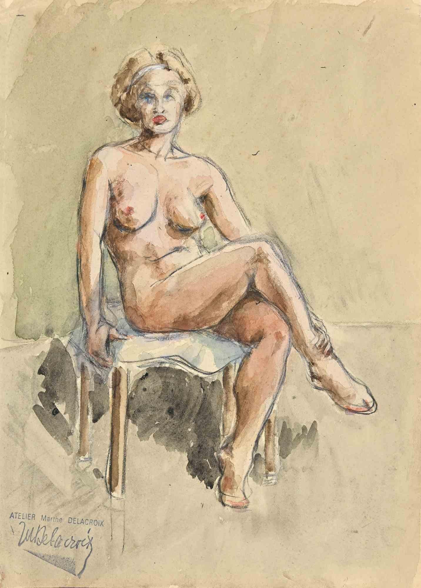 Der posierende Akt ist eine Originalzeichnung von Marthe Delacroix.

Aquarell und Bleistift auf dem Papier.

Gute Bedingungen.

Die zarten und schönen feinen Striche formen das Kunstwerk auf harmonische Weise. Die Beherrschung des Künstlers zeigt