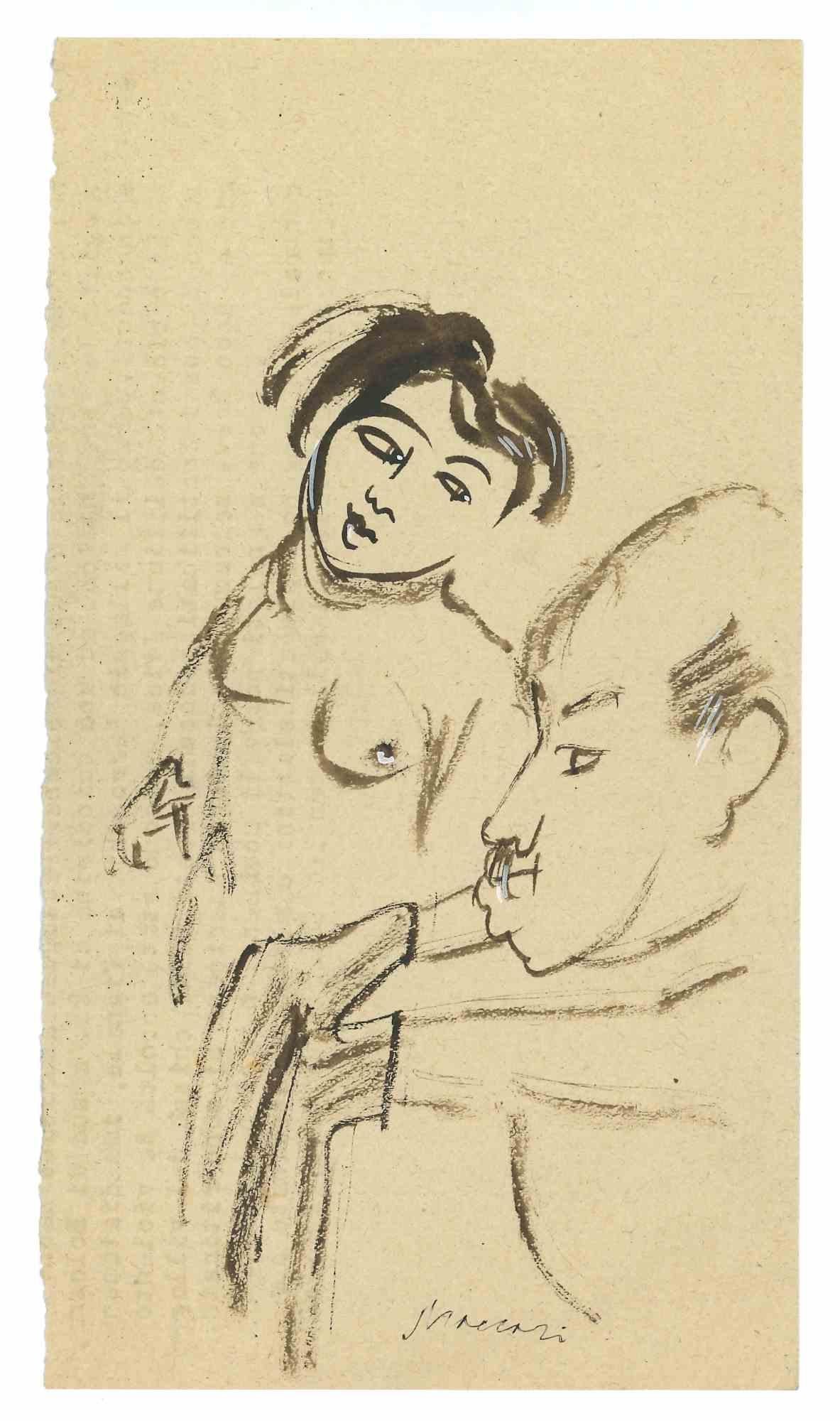 The Nude and Elderly is an Original Drawing in China ink on cream-colored paper realized by Mino Maccari in the mid-20th century.

Hand-signed by the artist on the lower.

Good conditions.

Mino Maccari (1898-1989) was an Italian writer, painter,