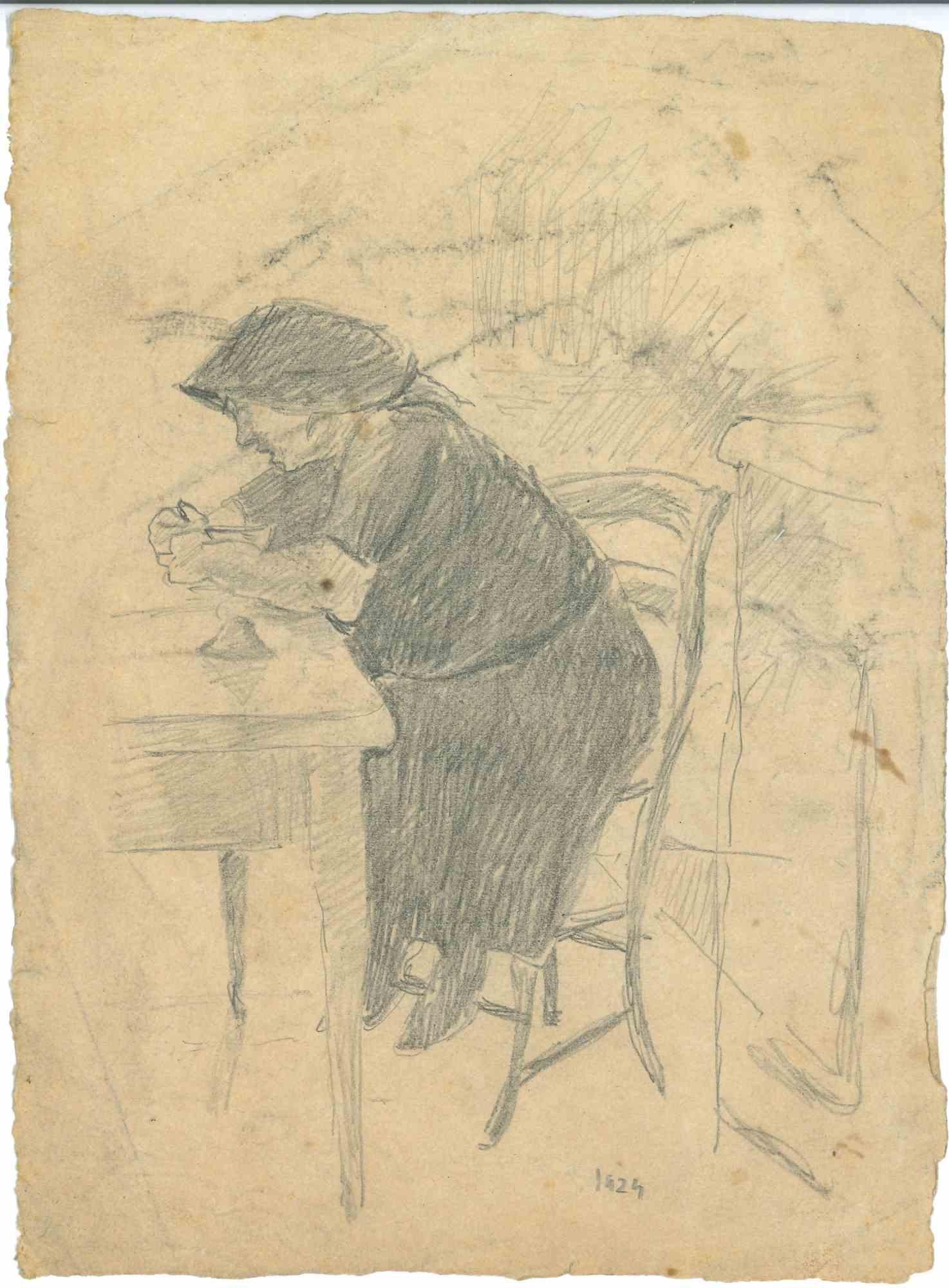 The Seated Woman is an Original Drawing in pencil on creamy-colored paper realized by Mino Maccari in 1924.

Quite good conditions and aged, with some minor folds.

Mino Maccari (1898-1989) was an Italian writer, painter, engraver, and journalist,