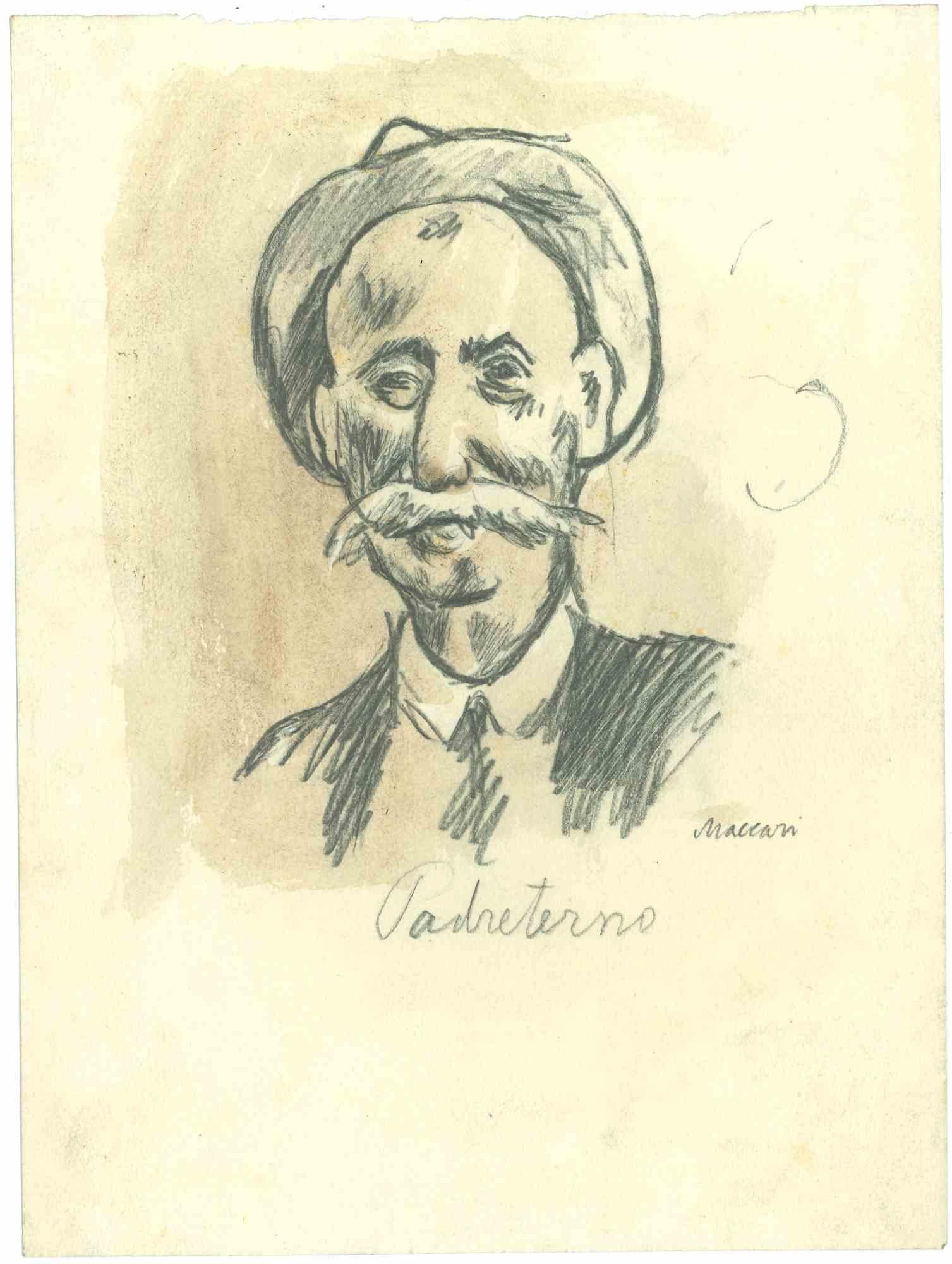 Portrait of Padreterno is an Original  Drawing in pencil and watercolor on creamy-colored paper realized by Mino Maccari in the mid-20th century.

Hand-signed by the artist on the lower and titled.

Good conditions.

Mino Maccari (1898-1989) was an