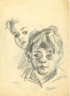 Children Portrait - Original Drawing by Mino Maccari - Mid-20th Century