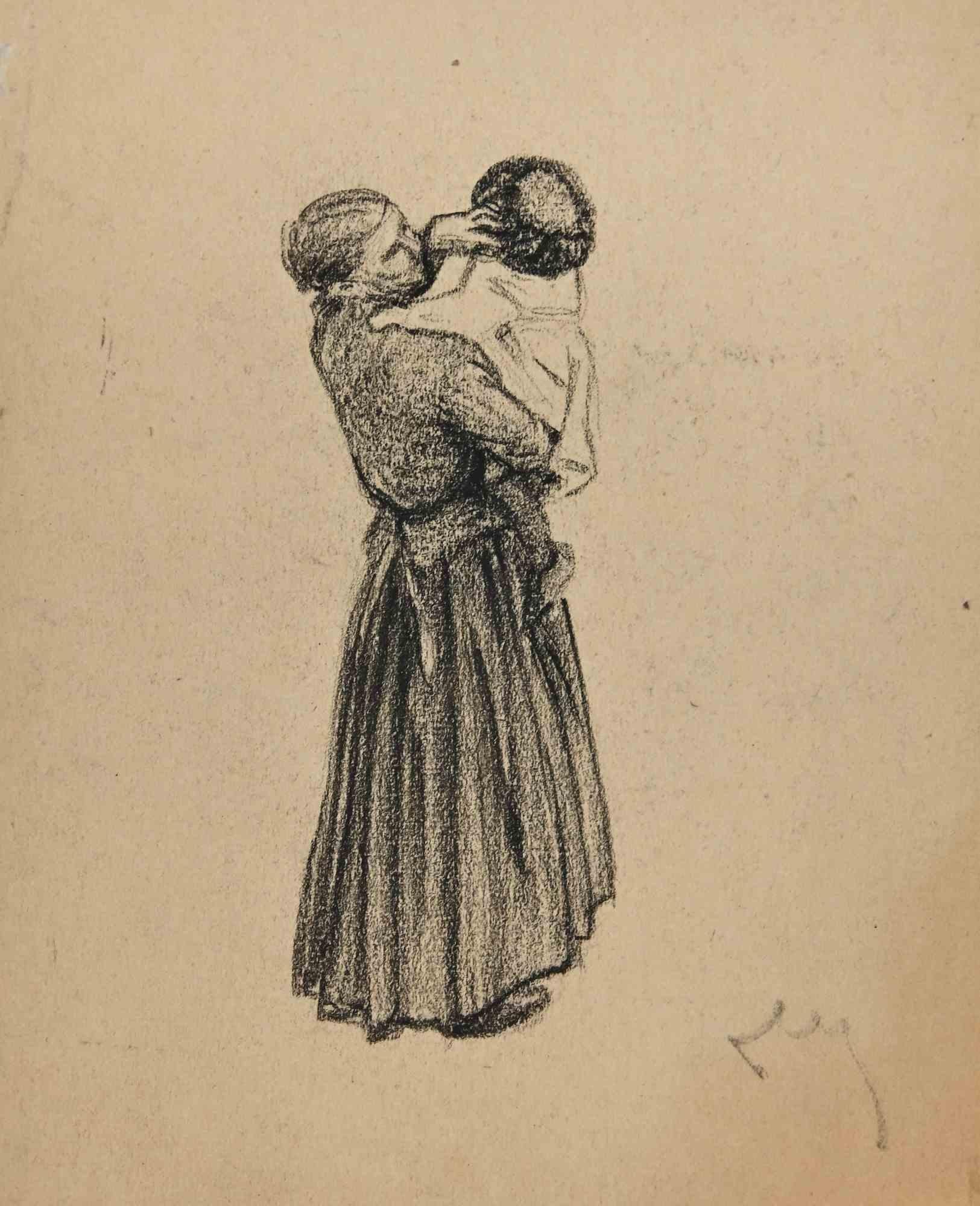 Unknown Figurative Art - The Mother and Child - Original Drawing - Early 20th Century