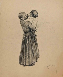 Antique The Mother and Child - Original Drawing - Early 20th Century