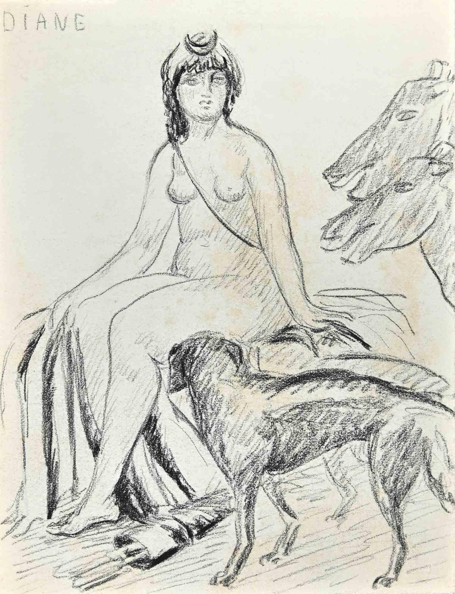 Unknown Figurative Art - Diana Goddess - Original Drawing - Early 20th Century