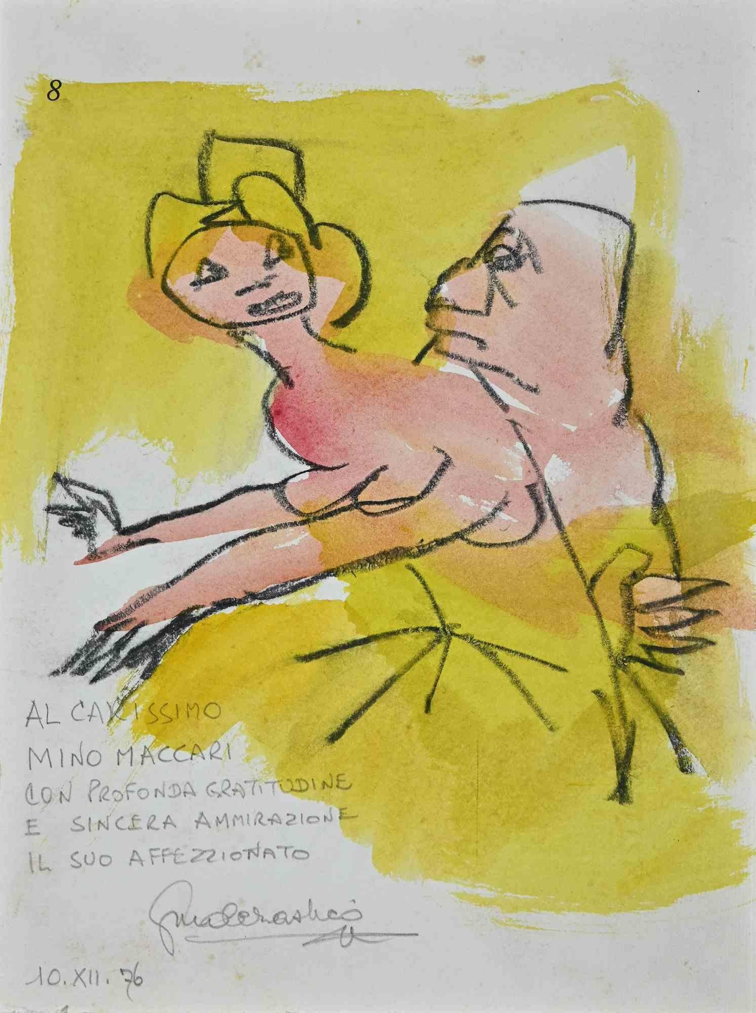 Unknown Figurative Art - The Couple -  Dedicated to Mino Maccari - Original Drawing - 1976