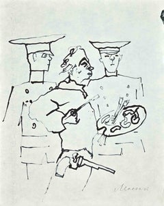 The Arrested Painter - Original Drawing by Mino Maccari - 1940s