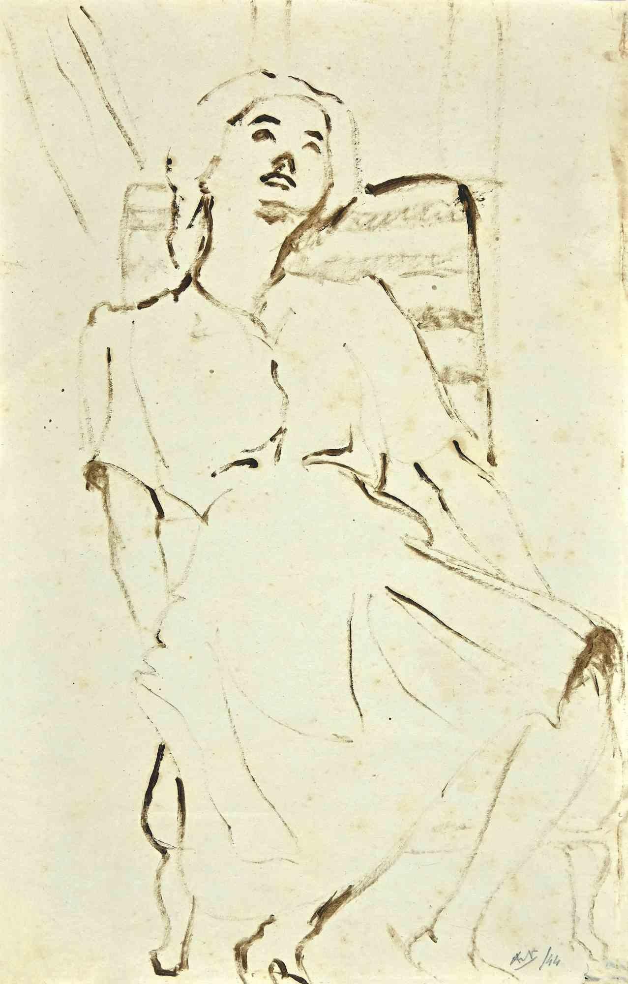  Mino Maccari Figurative Art - The Seated Woman - Drawing - Mid-20th Century