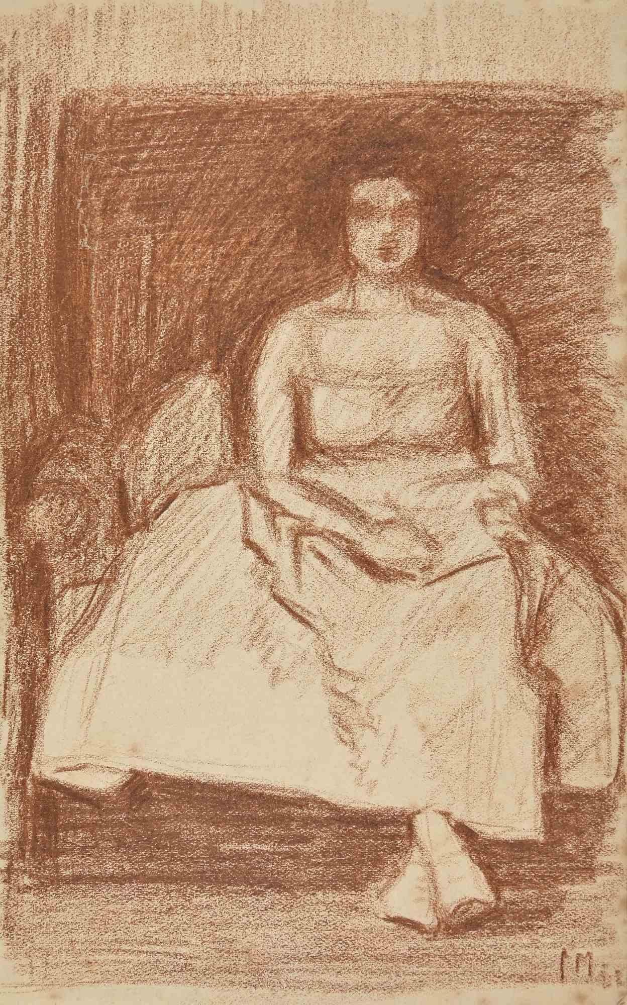 Die sitzende Frau – Originalzeichnung – frühes 20. Jahrhundert