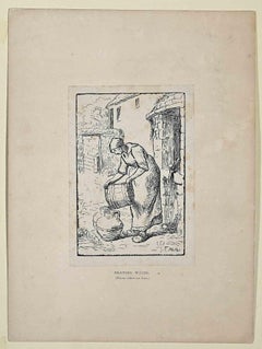 Woman Emptying a Bucket - Woodcut Realized by Pierre Millet - 19th Century