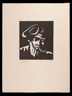 Vintage The Smoker - Woodcut realized by Charles Dubin - Early 20th Century