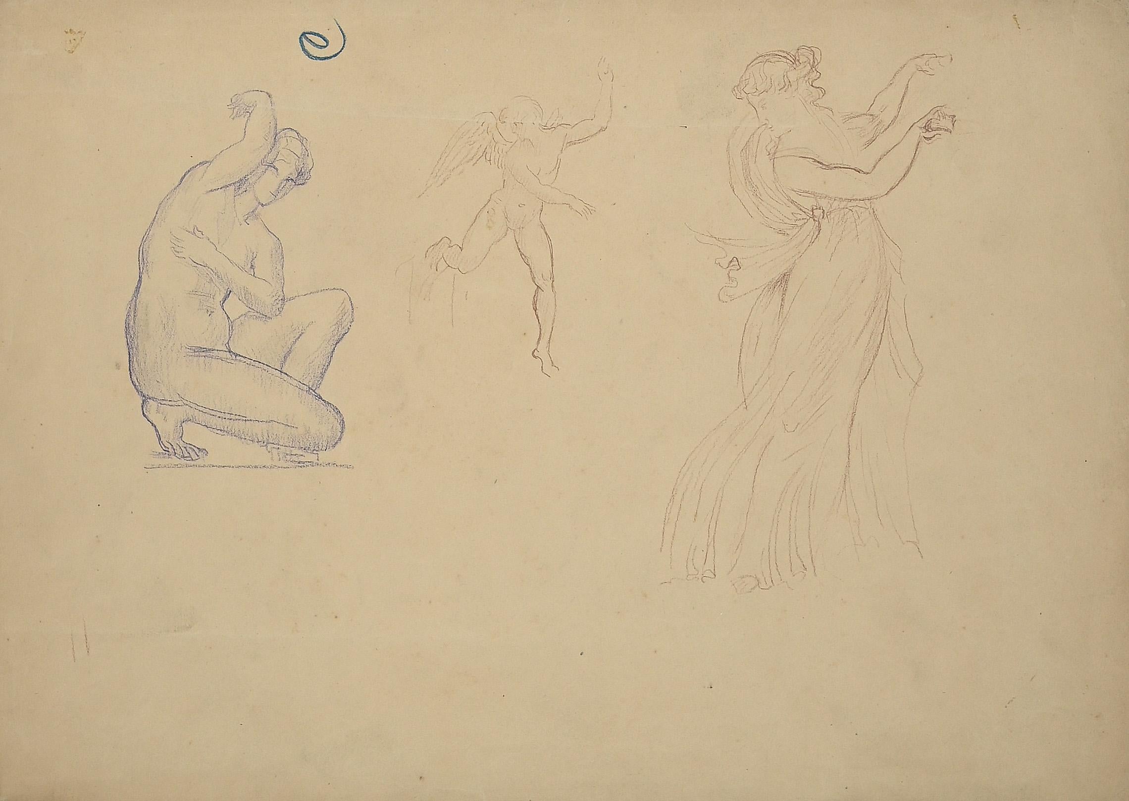 Mythological Figures - Pencil Drawing By Maurice Chabas - Early 20th Century For Sale 1