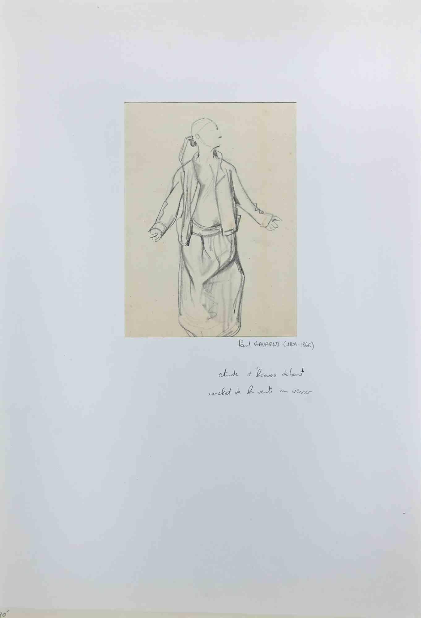 Figura - Dibujo original a lápiz de Paul Gavarni - Mediados del siglo XIX en venta 1