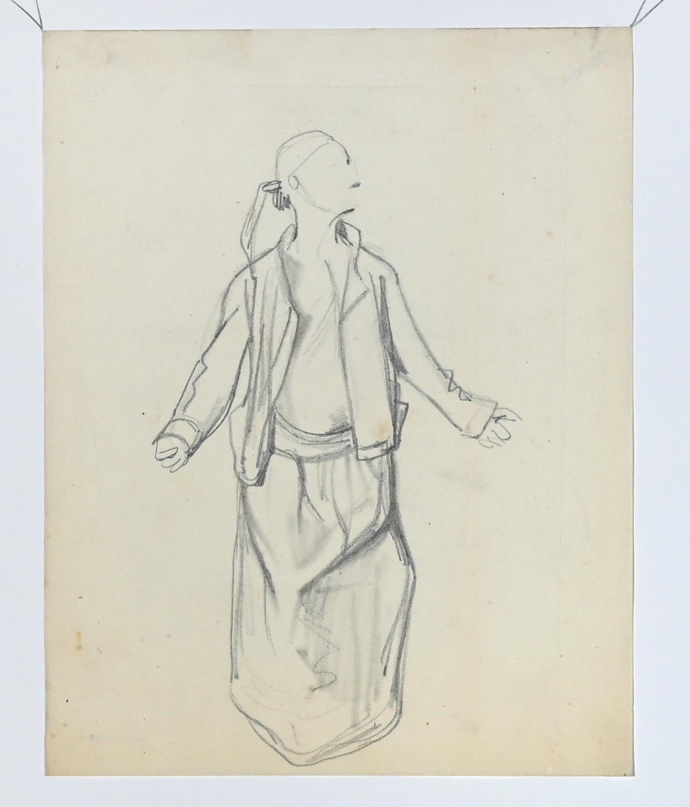 Figura - Disegno originale a matita di Paul Gavarni - Metà del XIX secolo