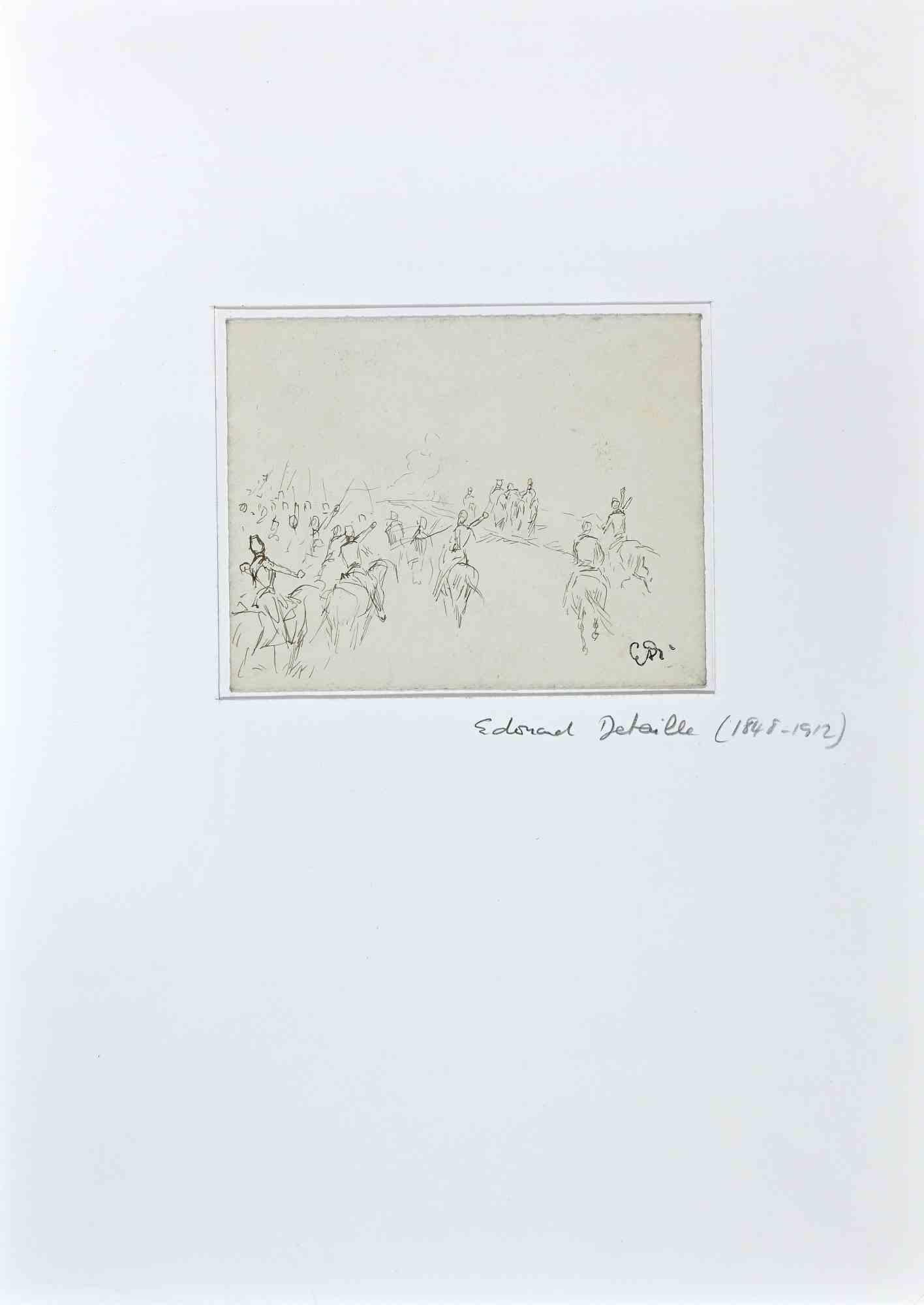 Riders - Original Ink Drawing by Edouard Detaille - Late 19th Century For Sale 1