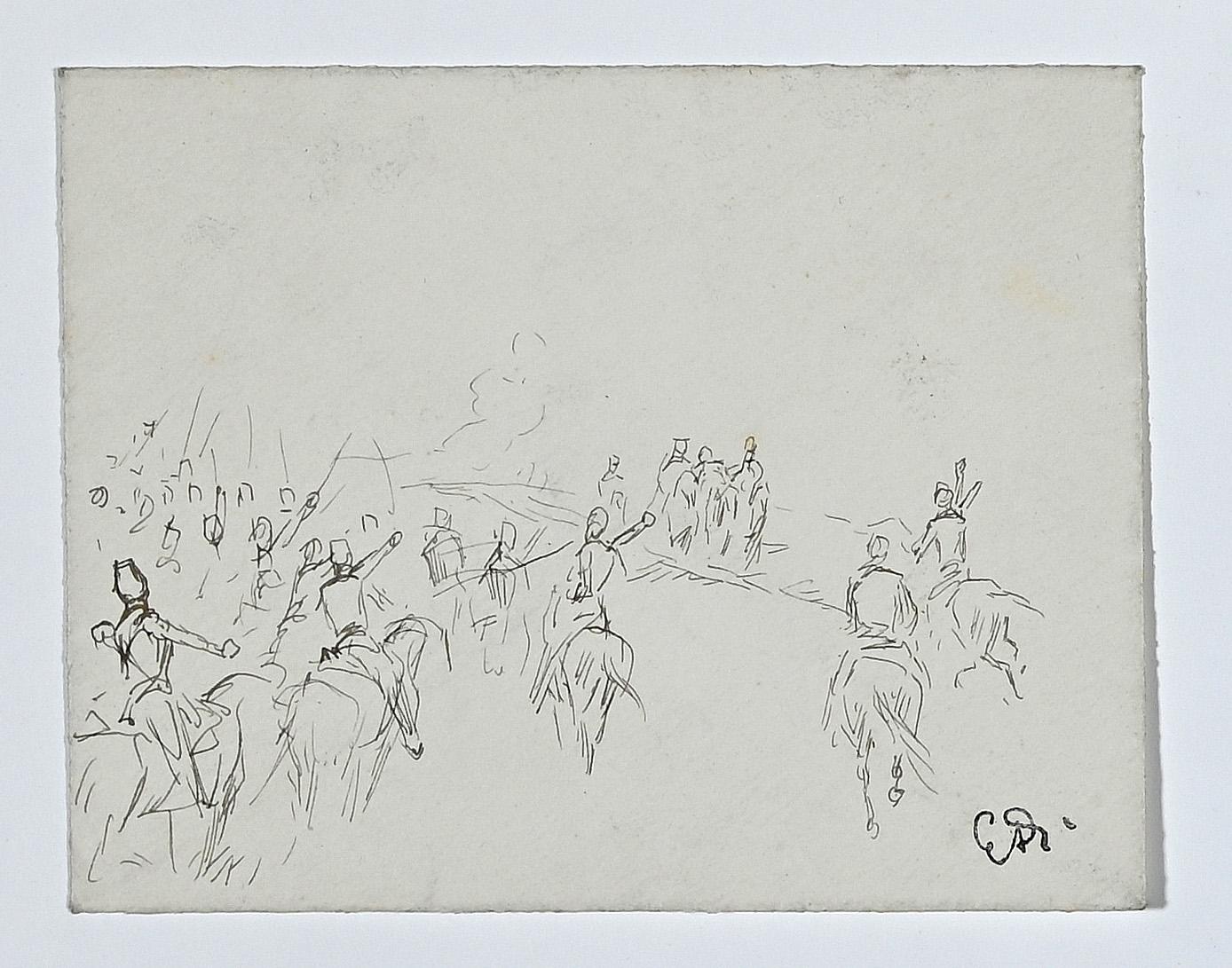 Riders is an original contemporary artwork realized in the half of the late 19th Century by Edouard Detaille. 

Original ink drawing. 

Hand-signed.

Good conditions except for consumed margins with some cuts.