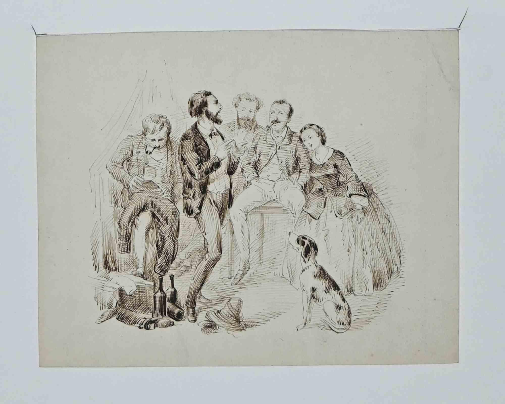 Alfred Grevin Figurative Art - Gathering - Original Drawing by Alfred Grévin - Late-19 Century