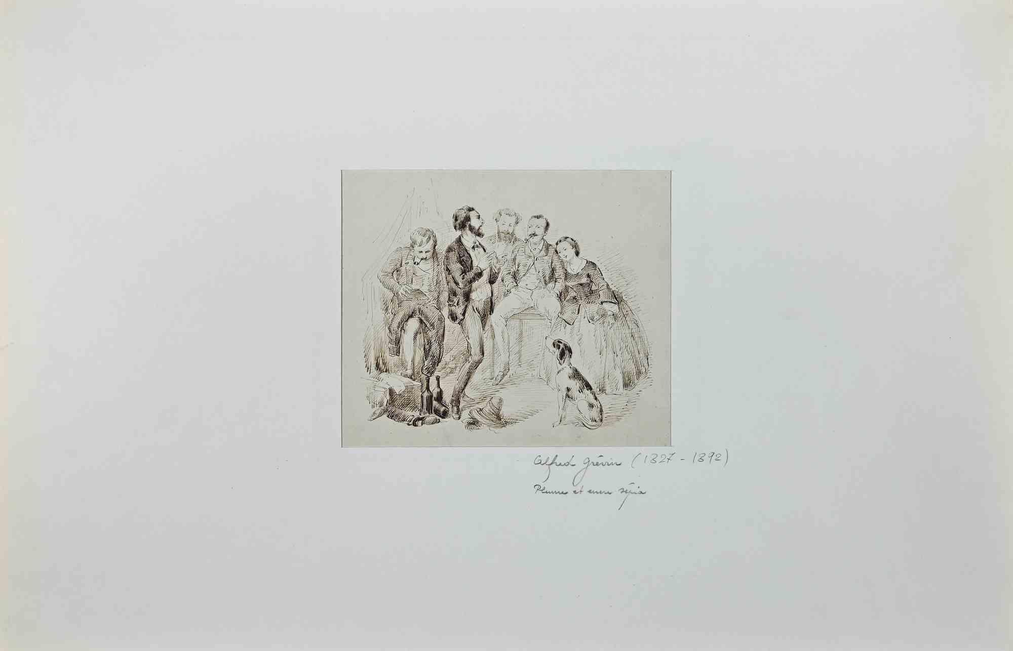 Rassemblement - Dessin original d'Alfred Grévin - Fin du 19e siècle - Art de Alfred Grevin
