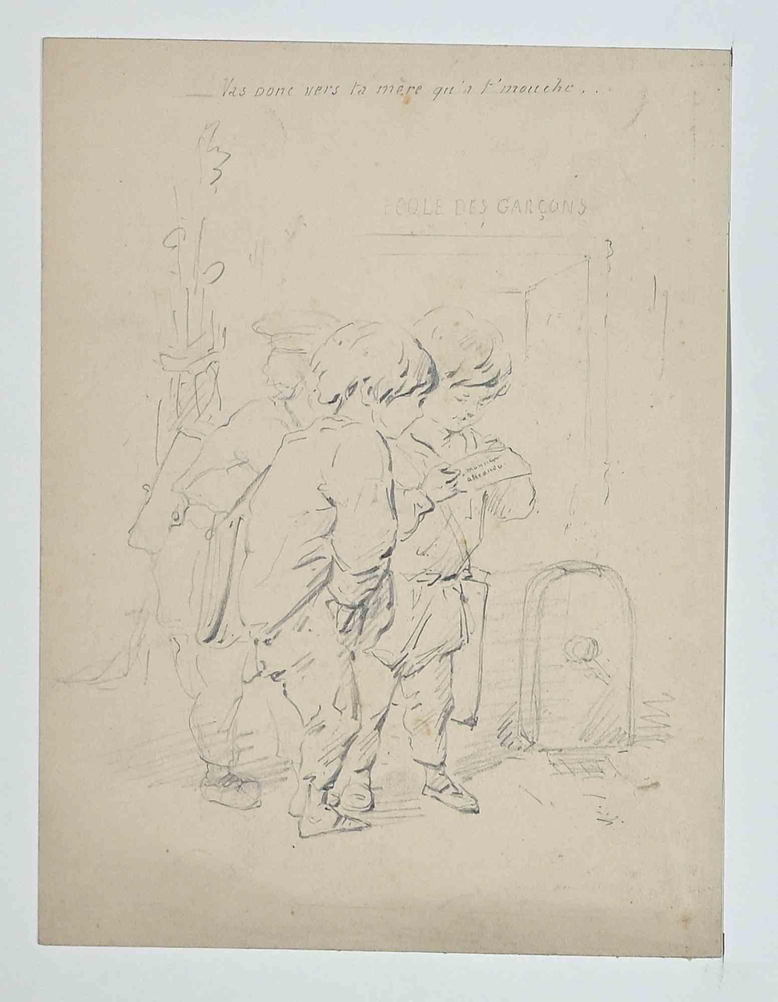 Alfred Grevin Figurative Art – Kinder - Originalzeichnung von Alfred Grévin - Ende des 19.