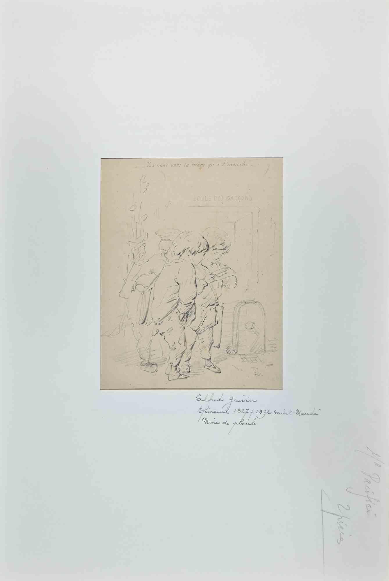 Kinder - Originalzeichnung von Alfred Grévin - Ende des 19. – Art von Alfred Grevin