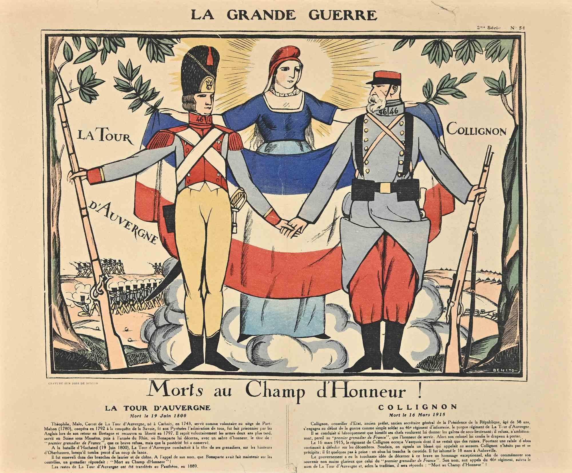 La Grande Guerre est une gravure sur bois originale de Benito (Edmond Garcia, 1891-1961) réalisée au début du 20e siècle.

Bon état.

L'œuvre d'art est représentée par des traits forts dans une composition bien équilibrée.