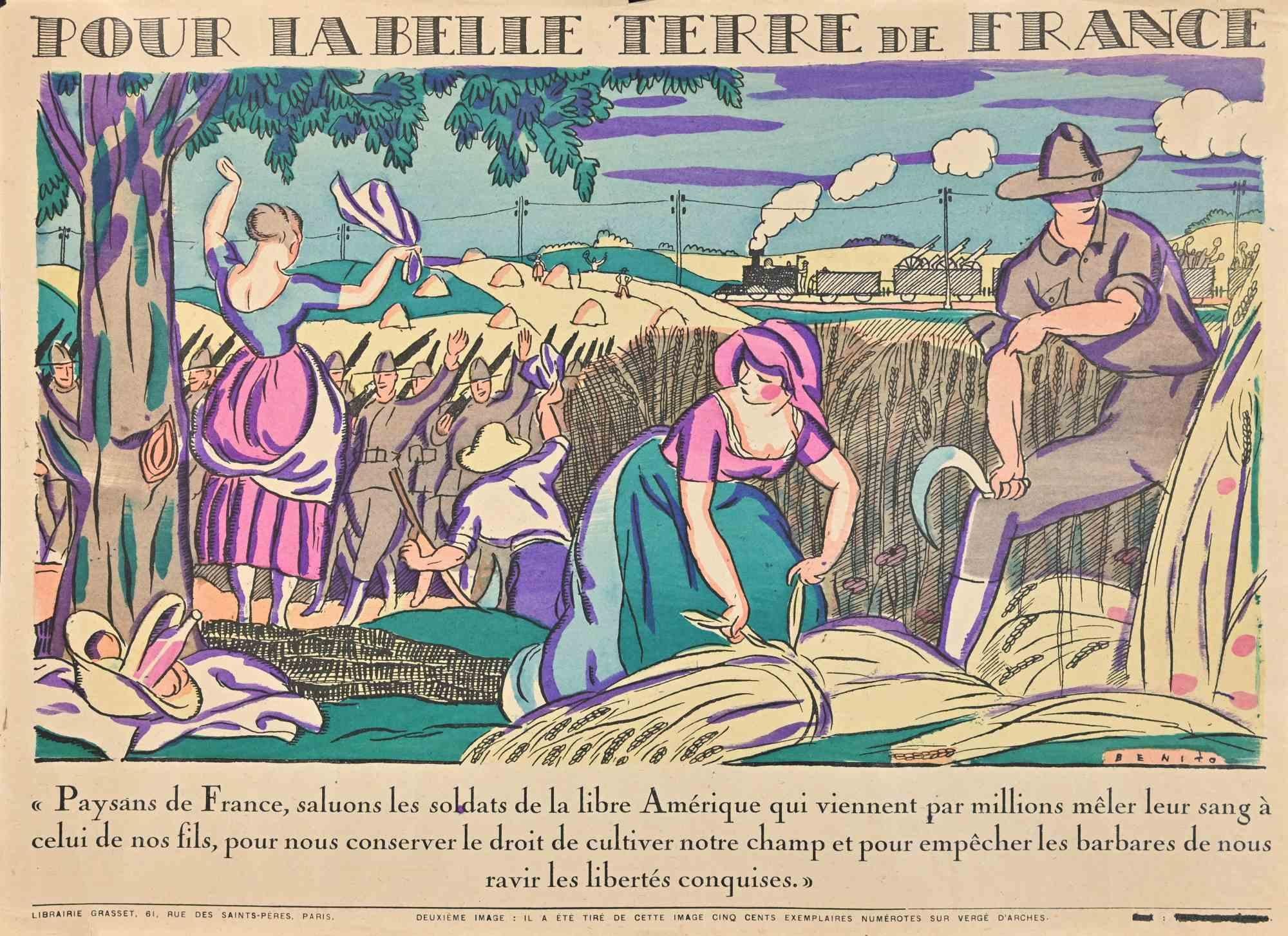 Pour la belle terre de France ist ein Original-Holzschnitt von Benito (Edmond Garcia, 1891-1961) aus dem frühen 20.

Guter Zustand.

Auflage von 500 Stück, nicht nummeriert.

Das Kunstwerk wird mit kräftigen Strichen in einer ausgewogenen