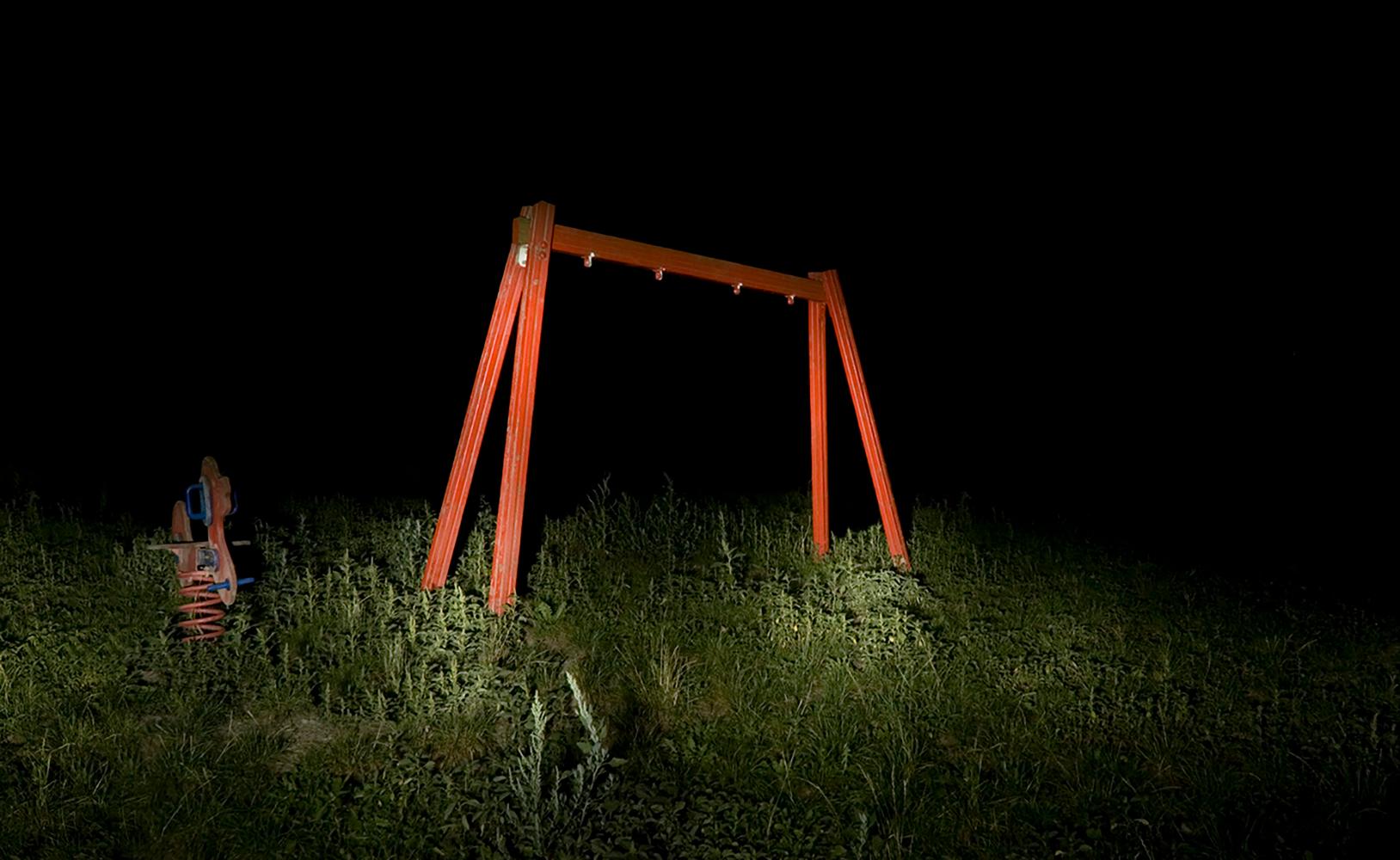 Cristina Fontsare Color Photograph - The red Swing - Contemporary, Landscape, 21st Century, Color, Night