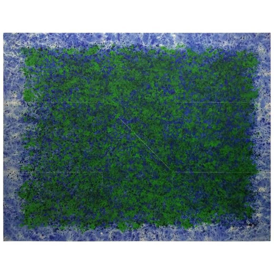 This modernist abstract painting is part of the color field movement which emerged out of the late 1940s in the United States. The edges are blue and white and frame the center, which is contrasting blue and green. The space of the picture is