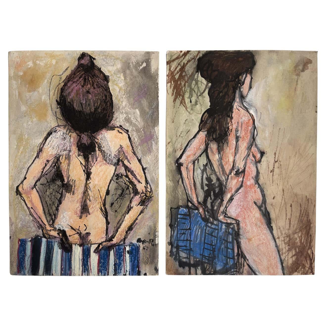 Pair of Framed Mixed Media Nudes by Byron Randall