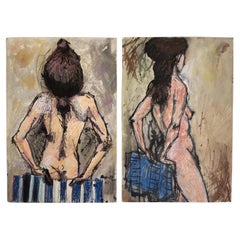 Vintage Pair of Framed Mixed Media Nudes by Byron Randall