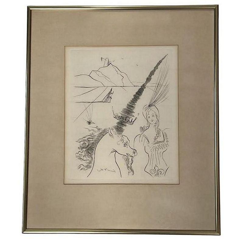 Salvador Dalí Figurative Art - "The Lady and the Unicorn" Etching by Salvador Dali in Gold Frame