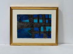 Vintage Black and Blue Abstract Pastel Drawing by Amalia Schulthess in Gold Frame