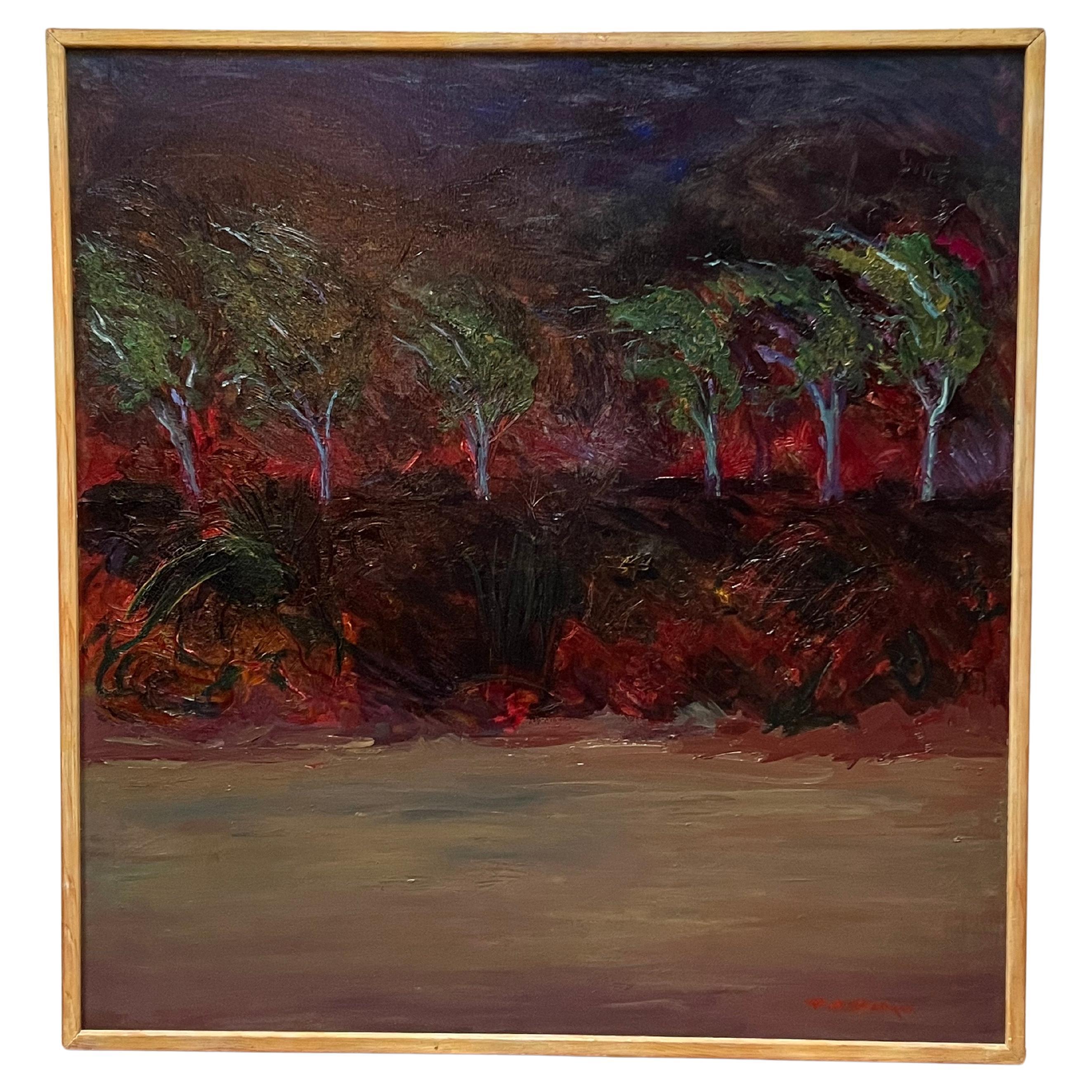 This abstract landscape painting by Pat Berger is an intense artwork, with its dramatically textured brushstrokes and a powerful and dynamic sense of movement. Deep green trees appear to be surrounded by the flames of a raging wildfire, conjuring up