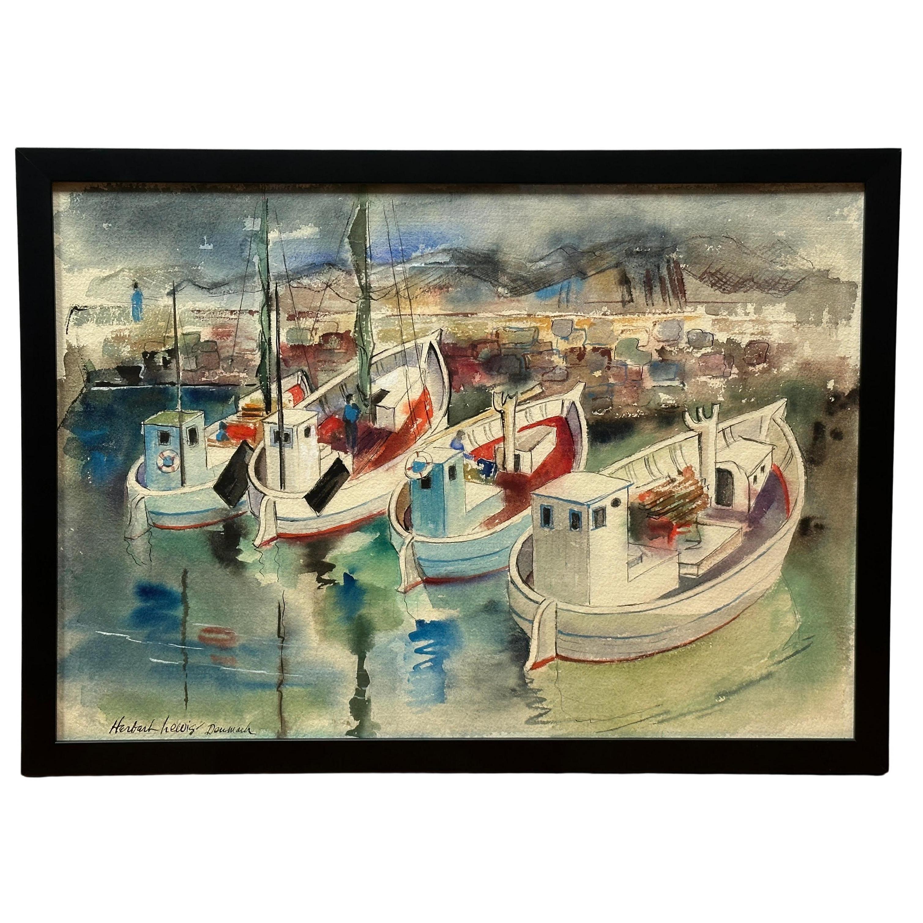 “Denmark” is a watercolor painting by Herbert Lewins capturing the serene beauty of a Danish harbor, featuring four charming boats that resemble traditional fisherman's vessels. The artist's skillful use of soft hues, highlighted by touches of red,