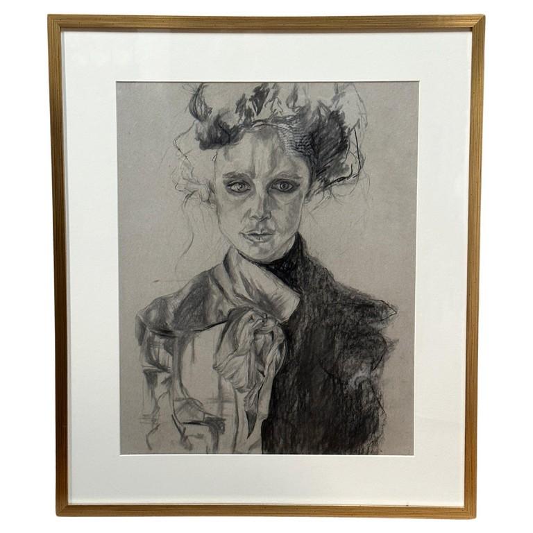 Charcoal Portrait Drawing of a Woman in Period Outfit - Art by Unknown