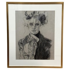 Antique Charcoal Portrait Drawing of a Woman in Period Outfit