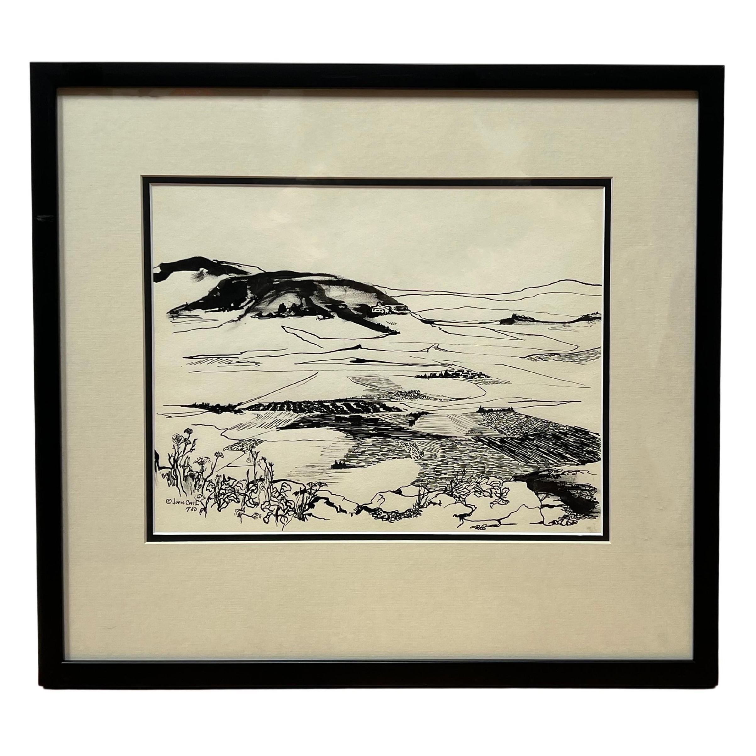 "Two Villages" is a black and white landscape ink drawing by Joan Carl Strauss that unfolds a narrative of hidden rivalry within a picturesque valley. 

In the heart of a flat-floored valley, two villages confront each other, each perched in