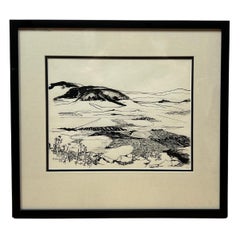 "Two Villages" - Black and White Ink Landscape Drawing By Joan Carl Strauss