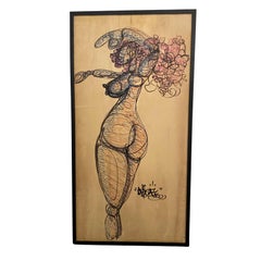 "Danza ellittica" Disegno neo-espressionista di nudo su pannello di Wood di L.Chief