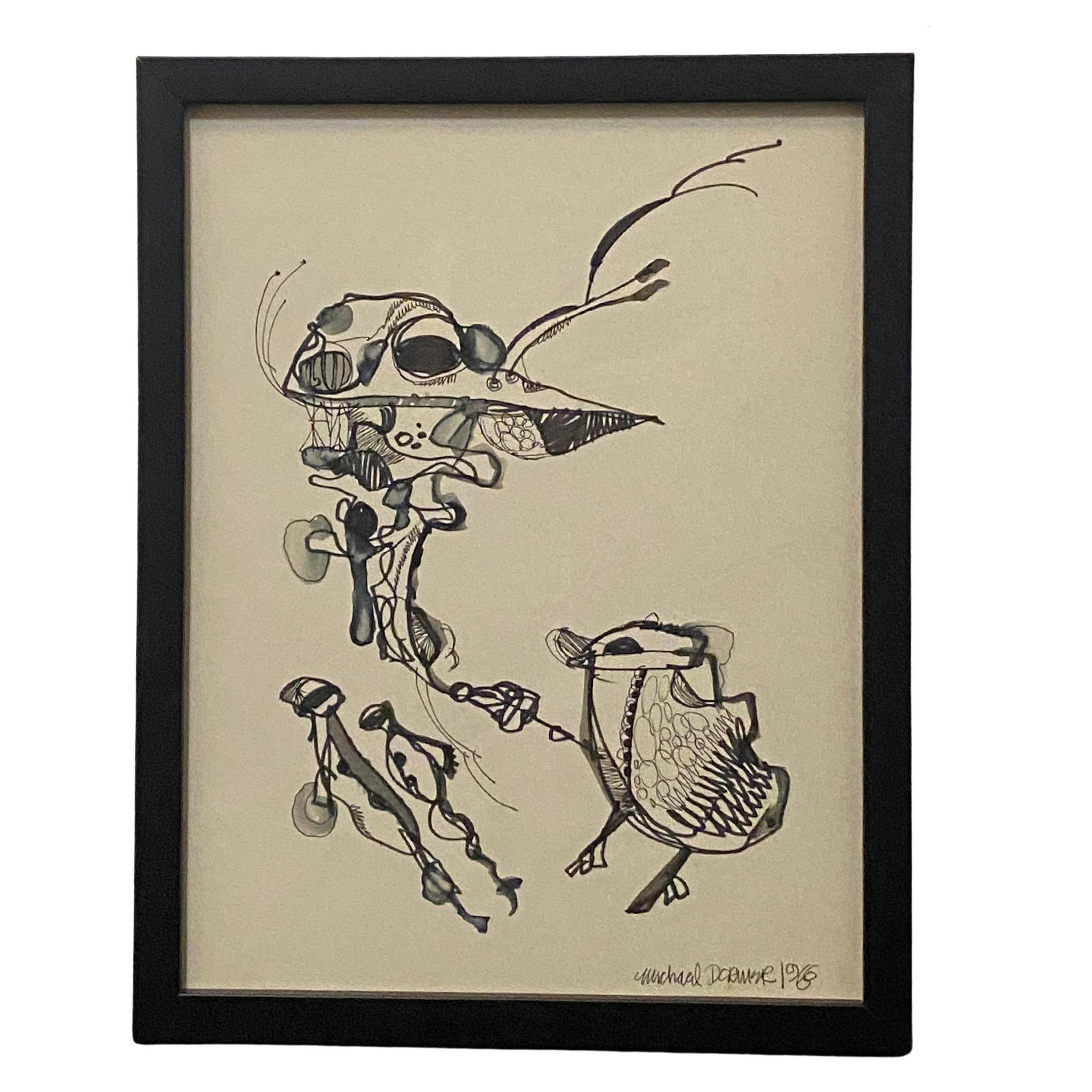 
Dormer constructs a scene where two hybrid figures meet halfway between the organic and the mechanical. A threadlike, almost insectoid form on the left unfolds in a complex tangle of lines and splotches. Slender antennae emerge from what might be