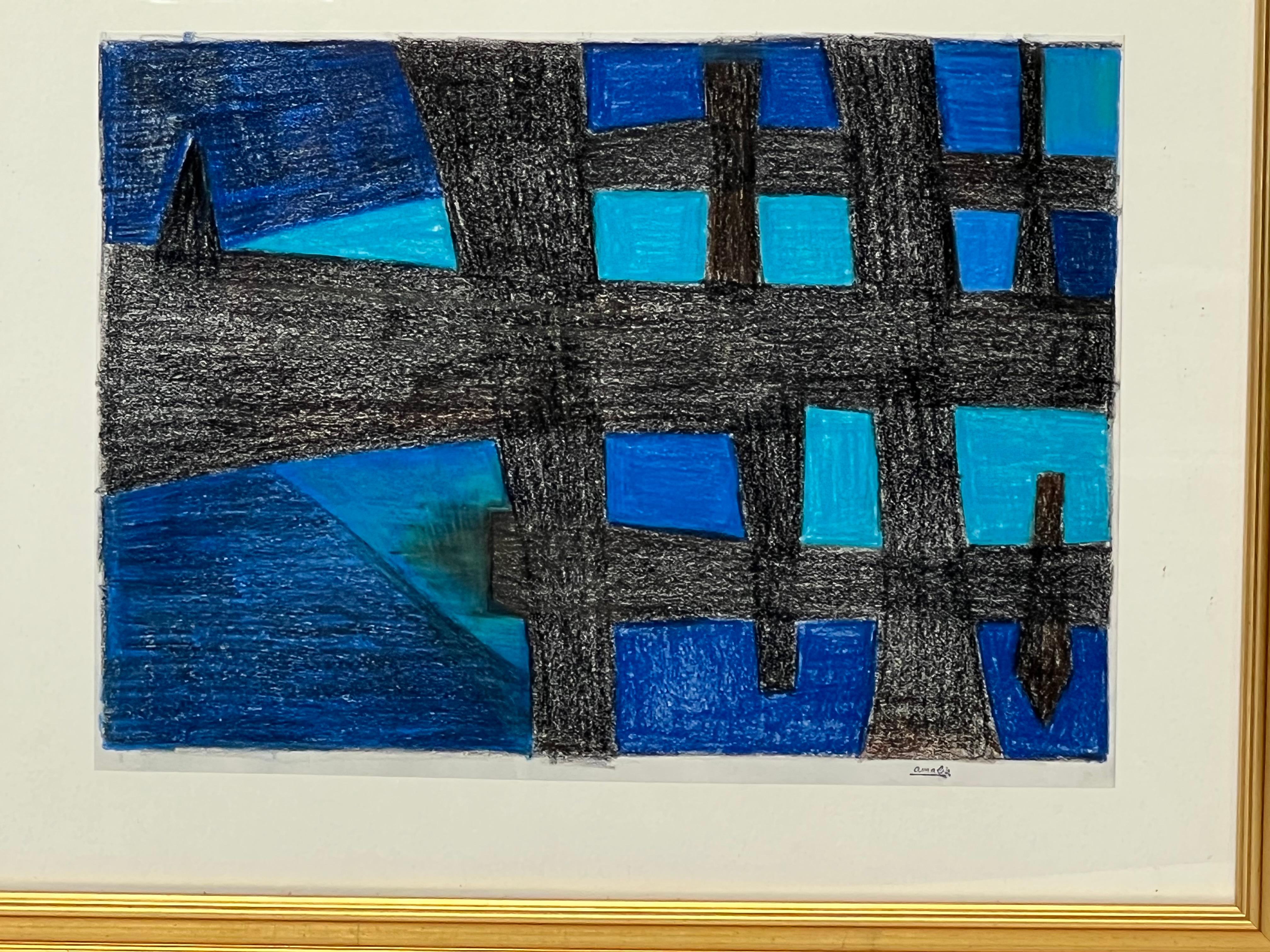 This abstract pastel drawing by artist Amalua Schulthess features large light and dark blue blocks crossed by wide black lines. They are so wide that they could be easily mistaken for roads, like the pattern shaped by crossing highways in the