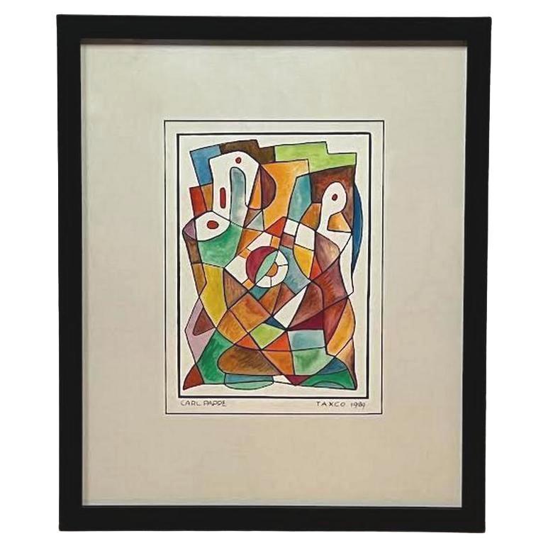 Nahuatl art inspired this multicolor geometric abstract by artist Carl Lewis Pappe. The overall impression is of a colorful overlap of shapes of different sizes thanks to curvy black lines. The crossing of these black lines creates a large variety