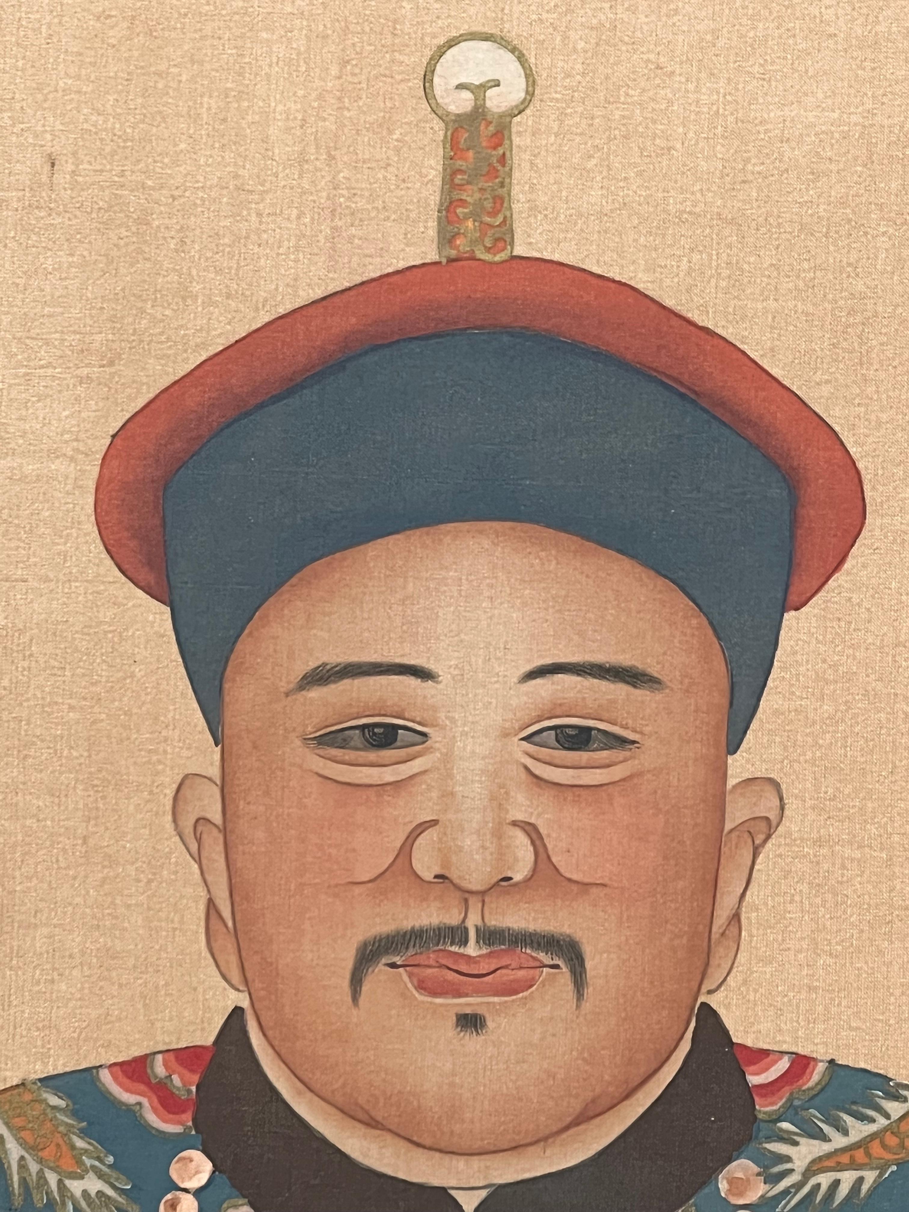 Ritratti di antenati della dinastia Qing cinese, ufficiale anziano di nono rango - Una coppia - Art di Unknown