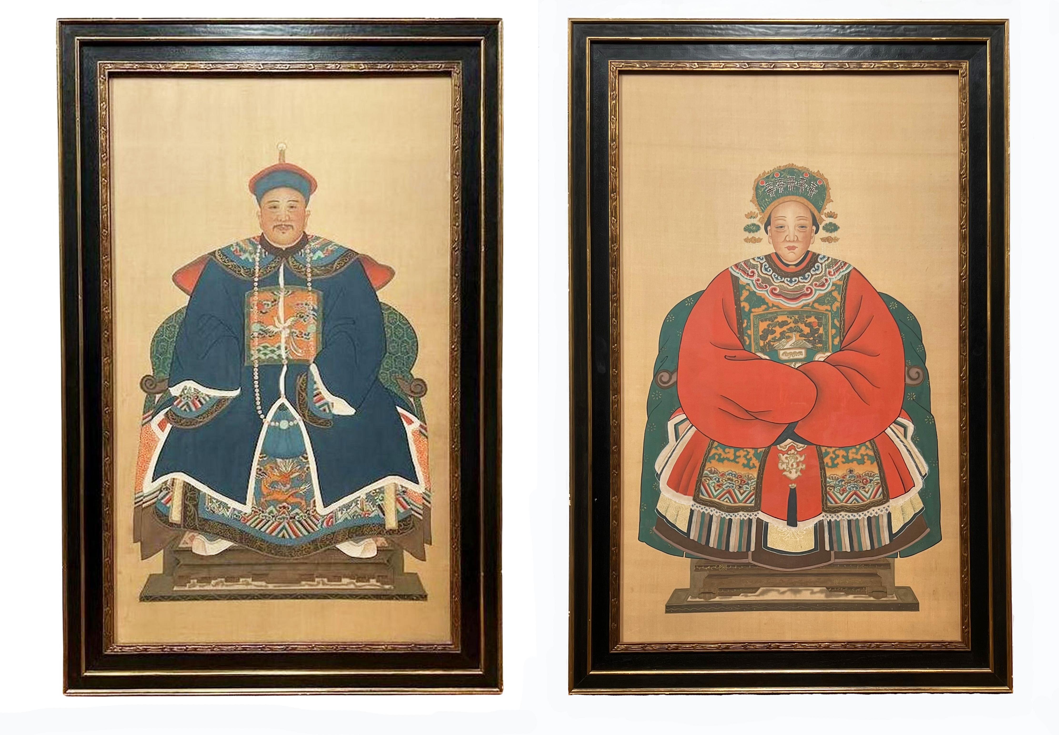Chinese Qing Dynasty Ancestor Portraits, Senior Official Ninth Rank - A Pair - Art by Unknown
