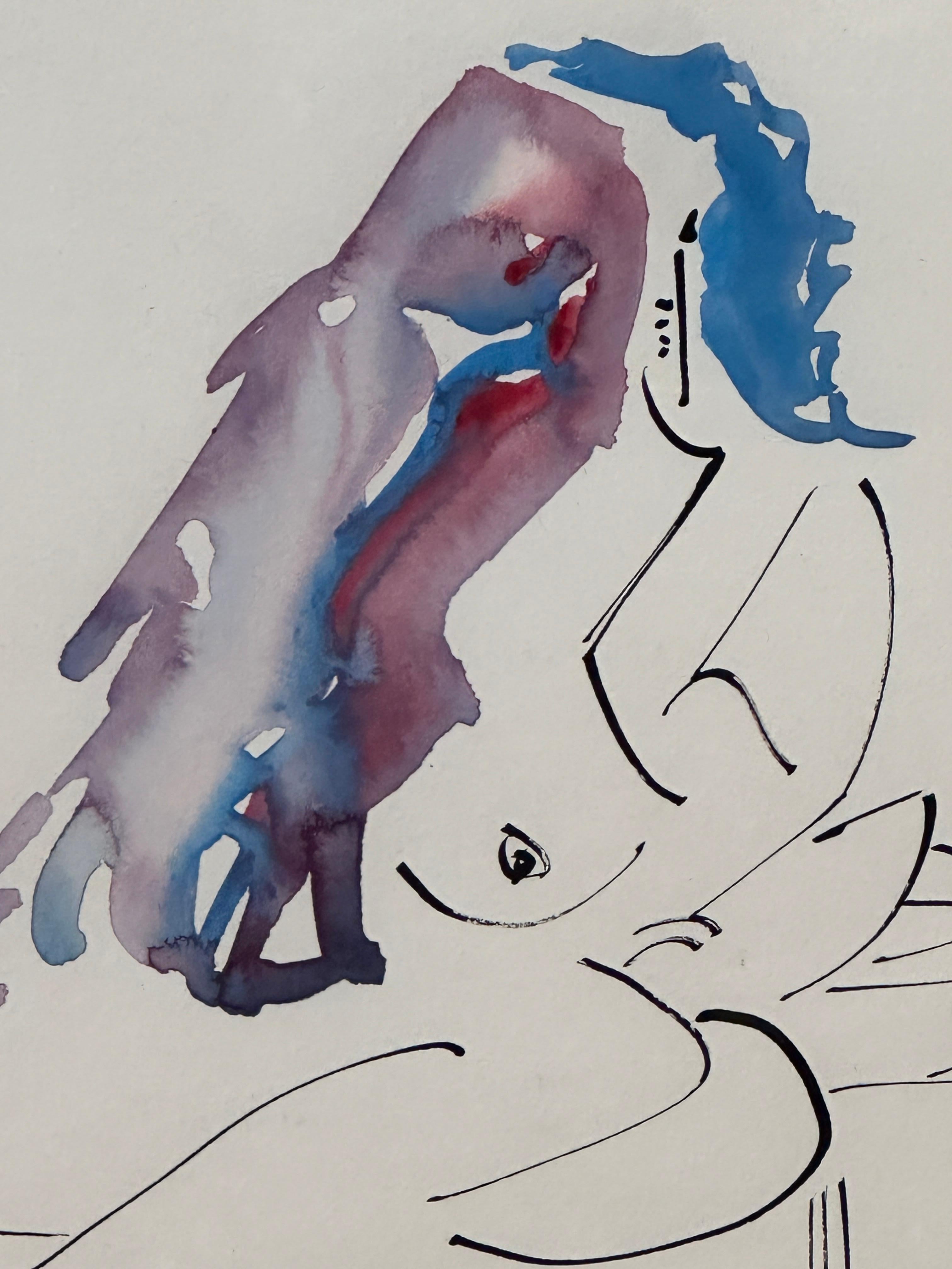  „Blaue Haarfrau und ein Vogel“ Minimalistisches Aquarell #3 von Christopher Paul Cobb im Angebot 5